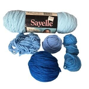 Vintage Caron Sayelle Baby Blue Yarn Lot + Blue Acrylic Yarn Skeins Partial Knit